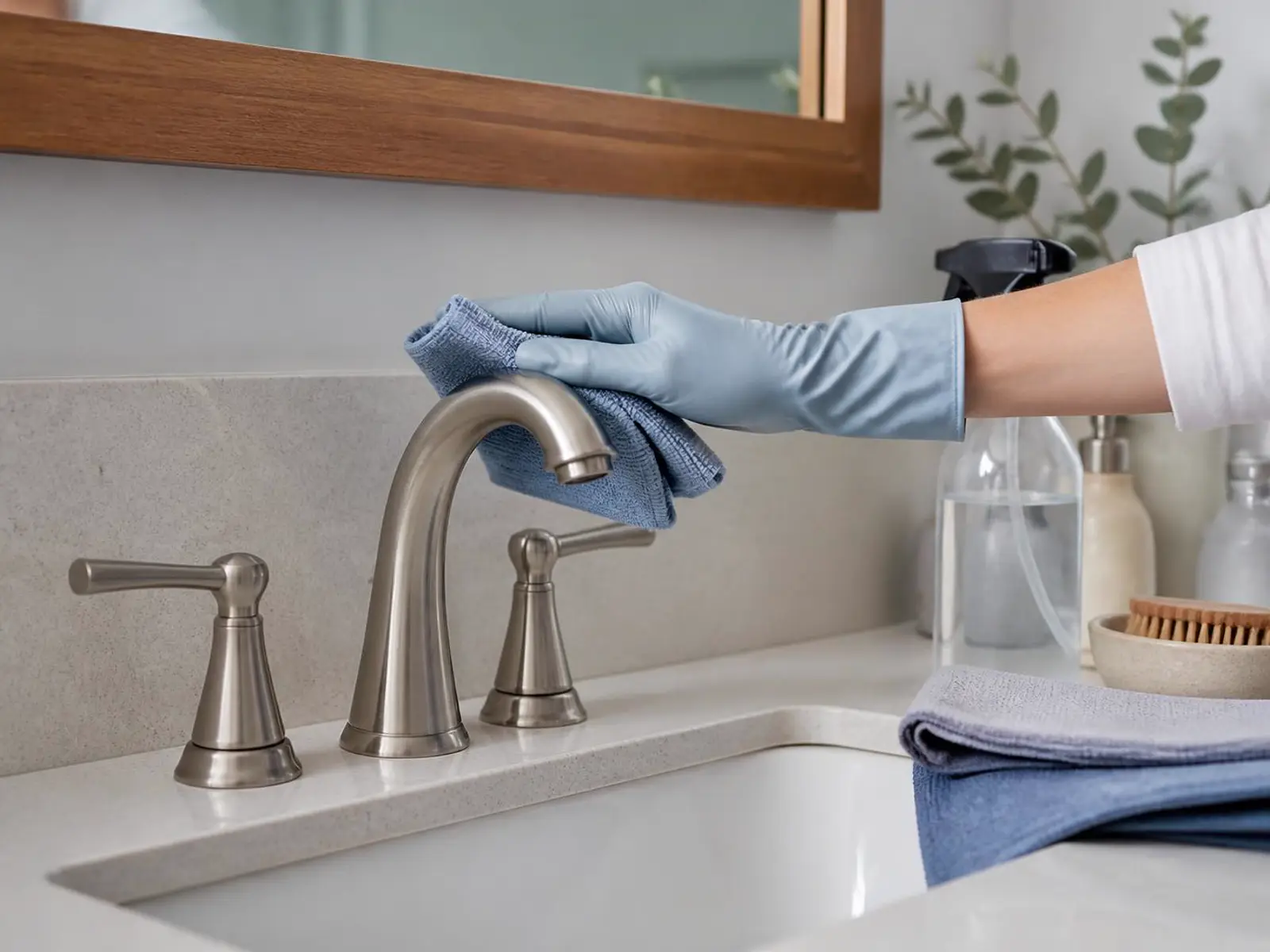 Close-up of a gloved hand polishing a brushed-nickel bathroom faucet beside folded microfiber cloths.