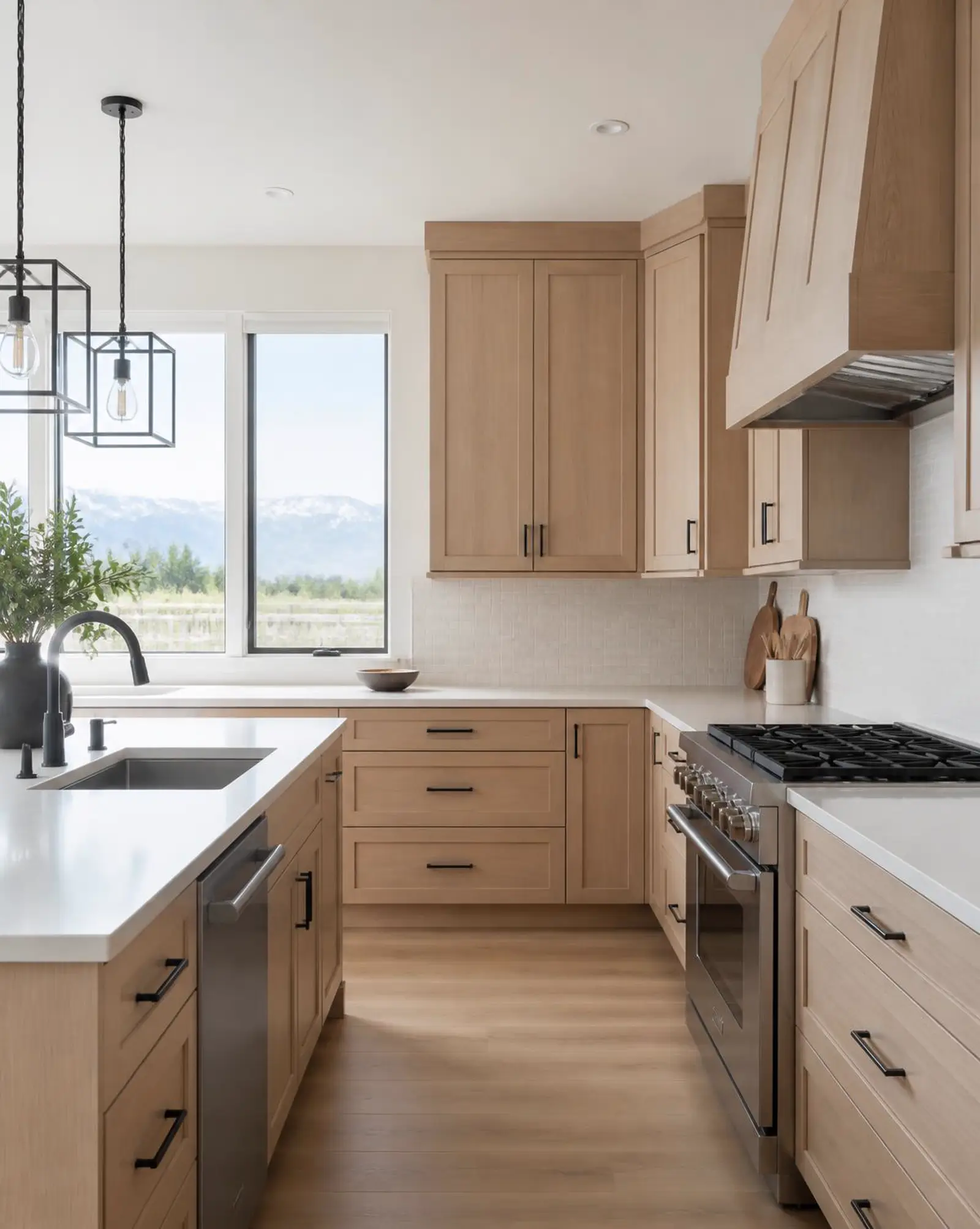 A clean modern kitchen with white oak cabinetry, clear quartz counters and matte black fixtures.