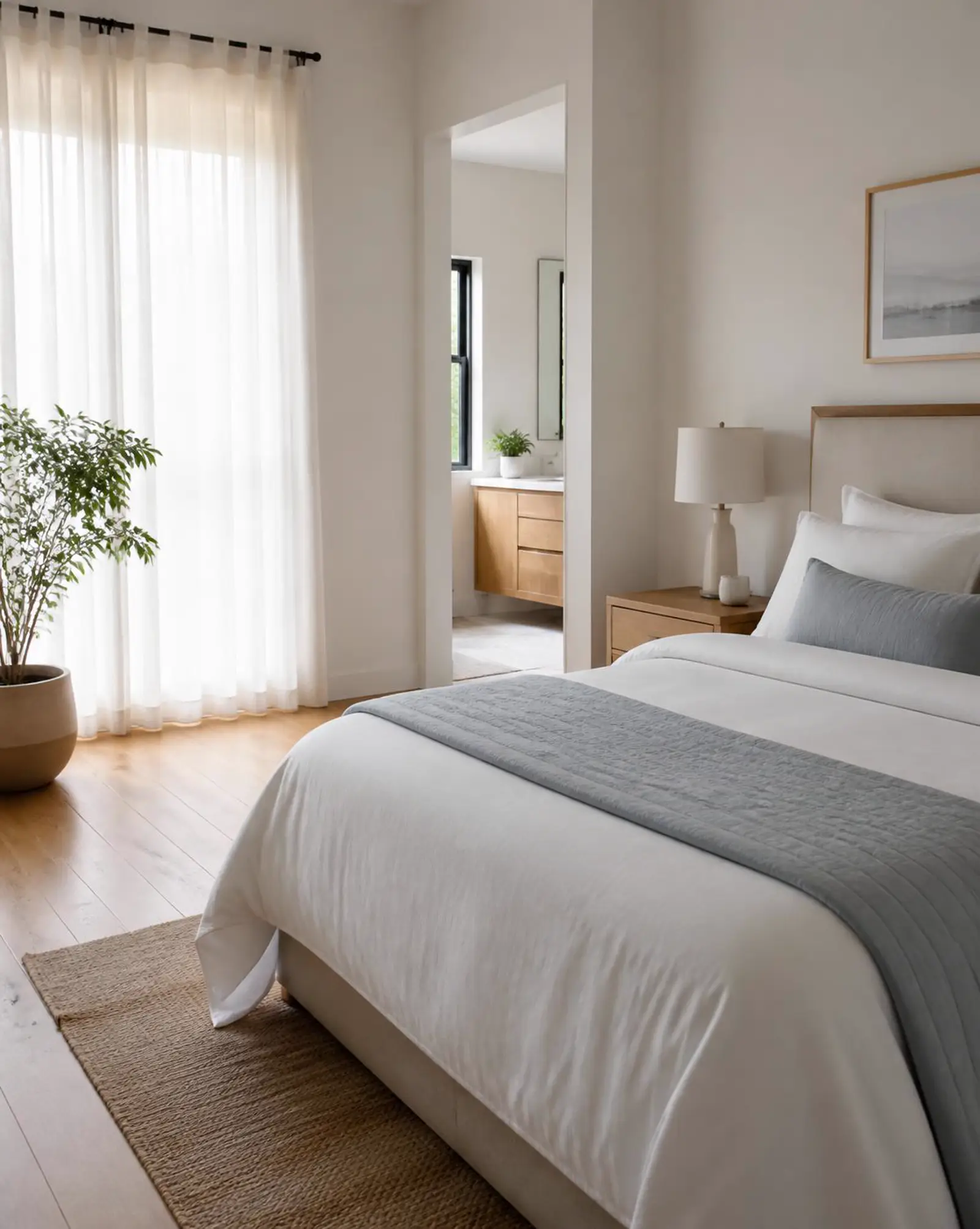 A calm bedroom with the bed neatly made and the nightstand cleared and dusted.