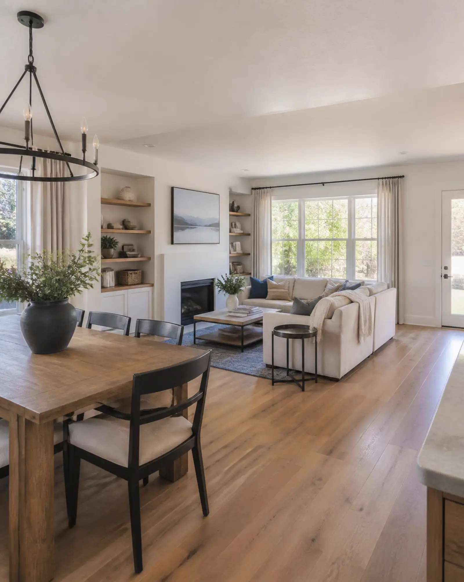 An open living and dining area with clean floors and chairs aligned at the table.