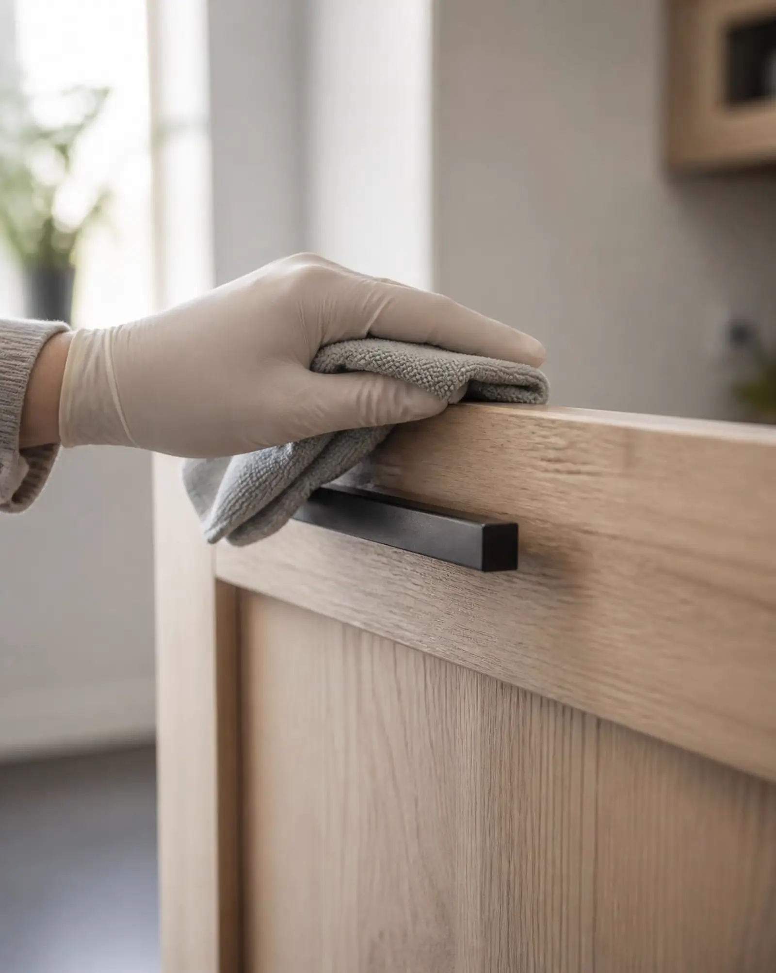 A gloved hand wiping the top edge of a wood cabinet door and its handle with a microfiber cloth.