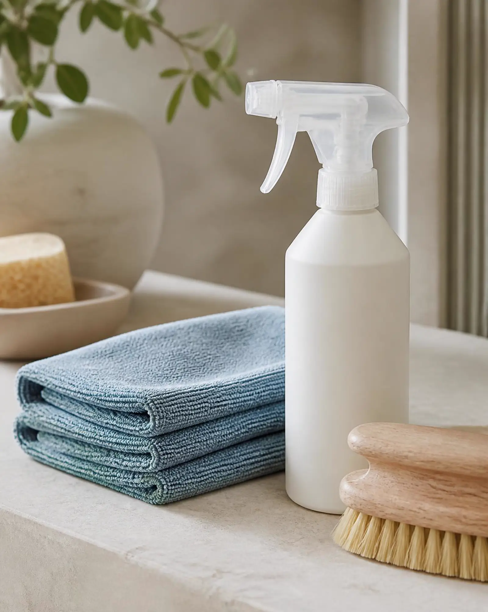 Folded blue-grey microfiber cloths, a plain spray bottle and a soft brush arranged on a stone surface.