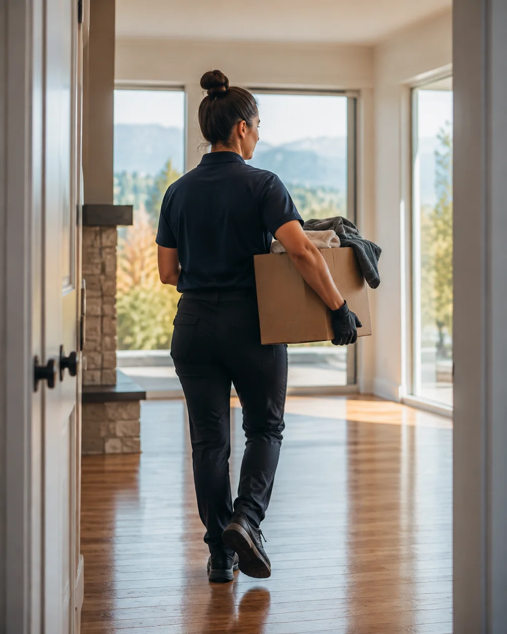 A professional cleaner carries supplies through an empty, sunlit room.