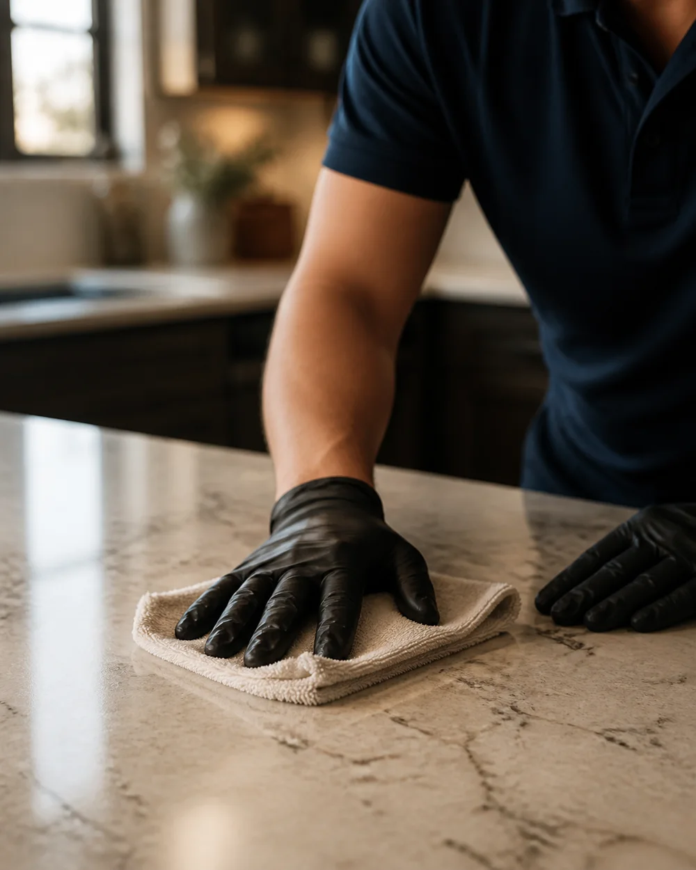 Gloved hands wipe a stone kitchen counter.